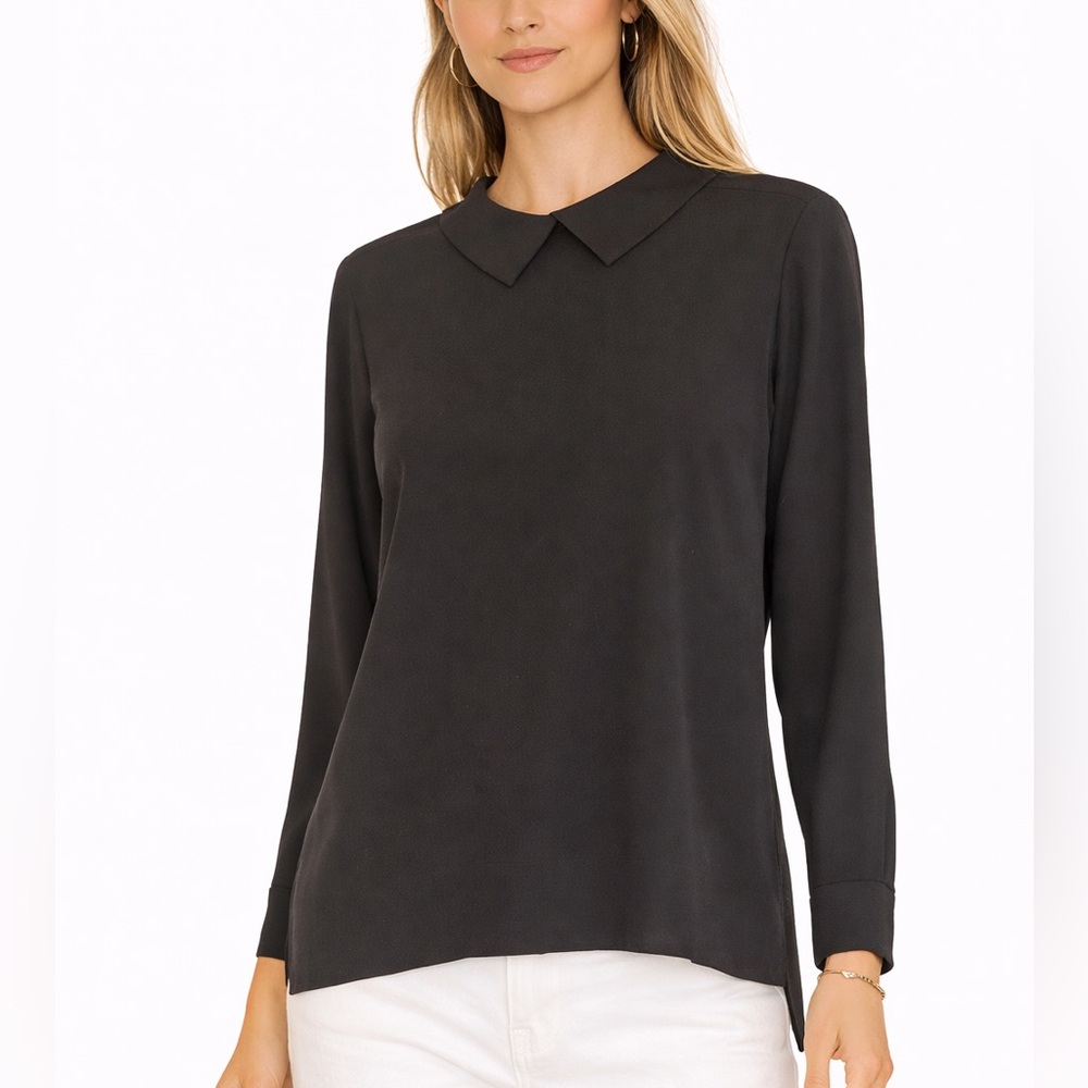 BCBGMAXAZRIA Black Collared Blouse XS Snap Button Back